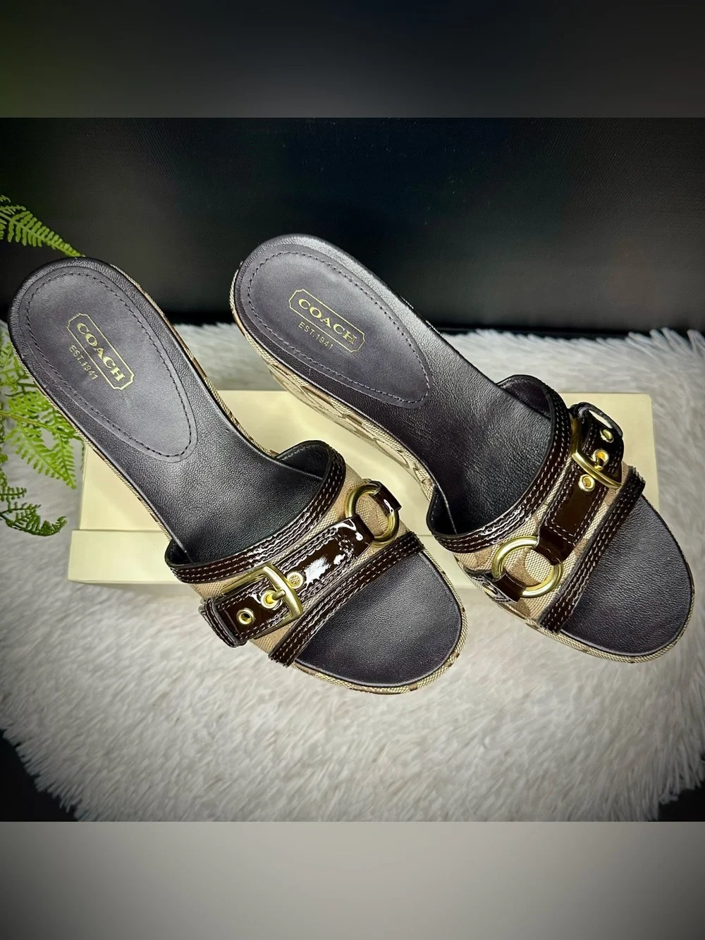 Coach Y2K Jewel Brown Brass Signature Buckle Wedge Sandal Slides Size 9.5 womens